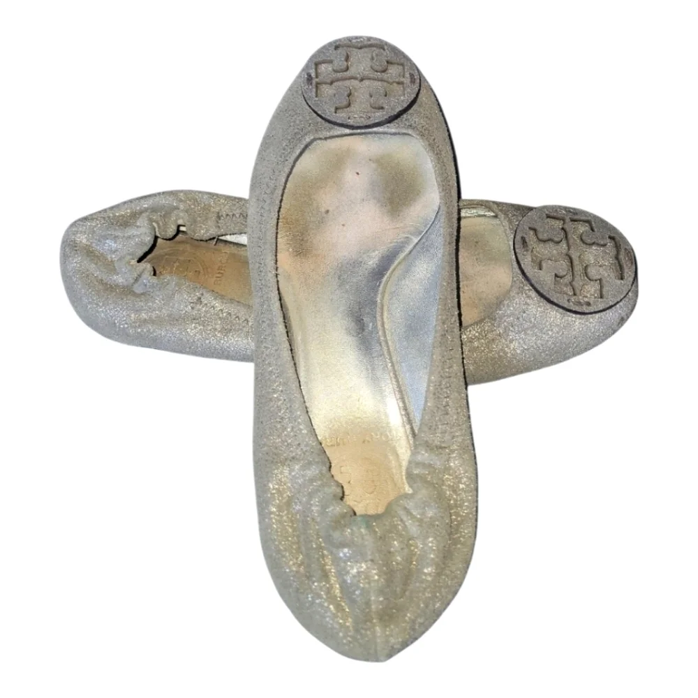 Tory Burch Women's Reva Mettalic Shimmer Silver Leather Ballet Flats Sz 6 1/2 M